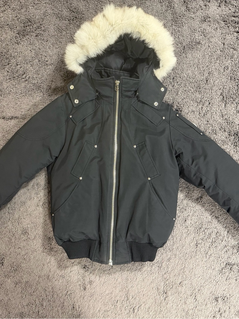 Moose Knuckles Black Bomber Jacket with Cream Fur-Trimmed Hood (Small)